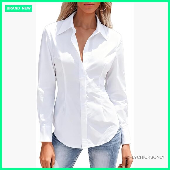 Tops - Polyester Button Down Shirt Long Sleeve Wrinkle Free Work Blouse